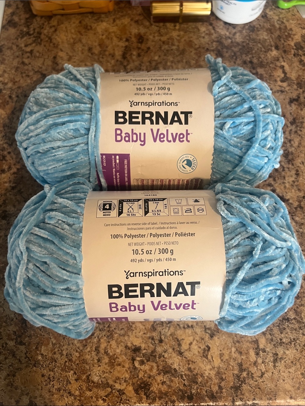 2 new Bernat Baby Velvet Yarn Soft Blue Skies. Each 10.5 oz. 300 g. 492 yards.